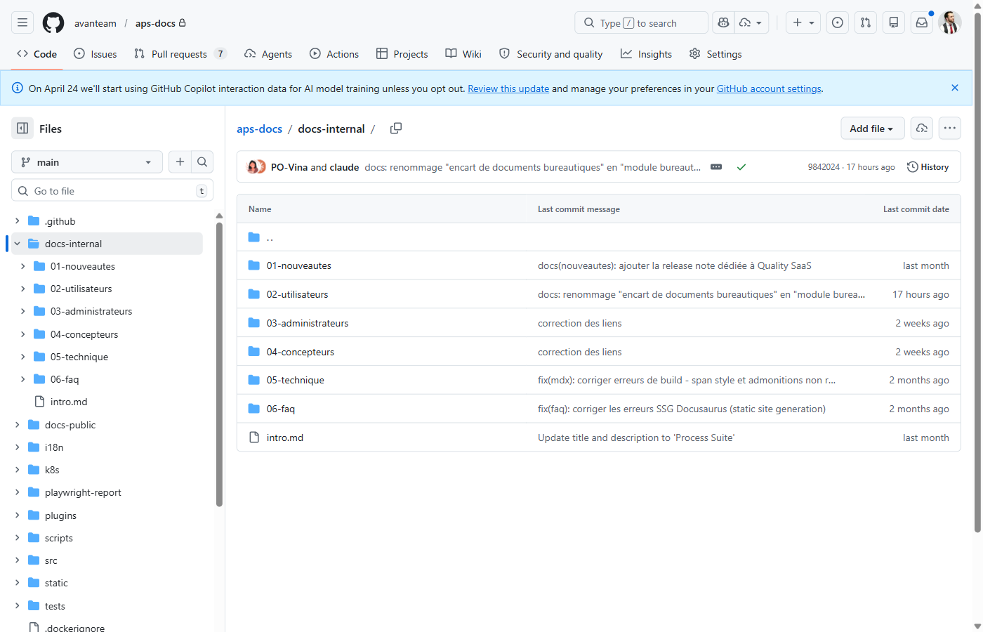 Dossier docs-internal sur GitHub