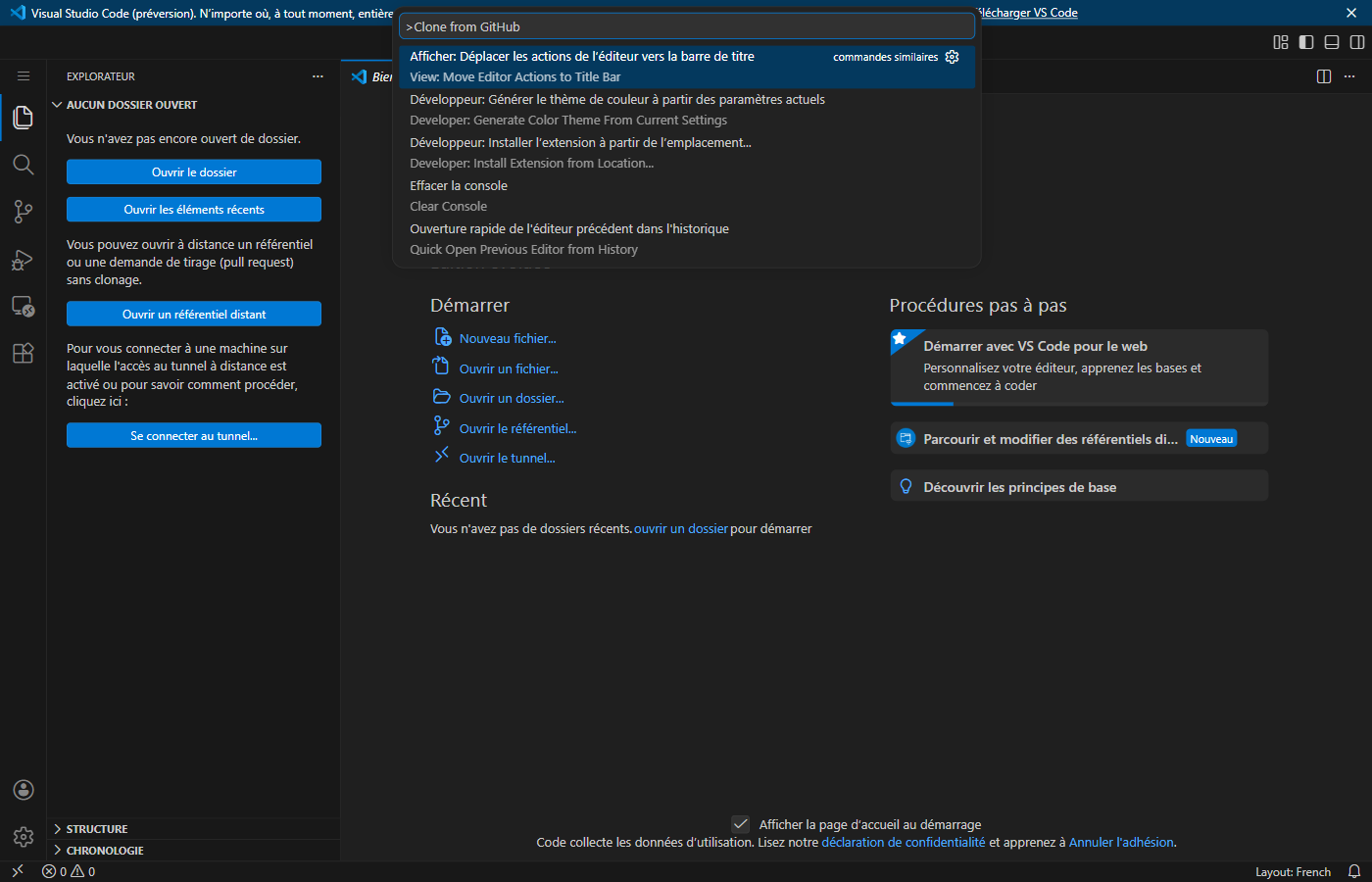 Palette de commandes VS Code — Clone from GitHub