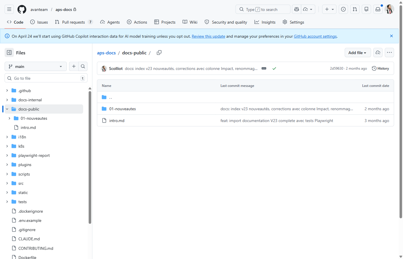 Dossier docs-public sur GitHub