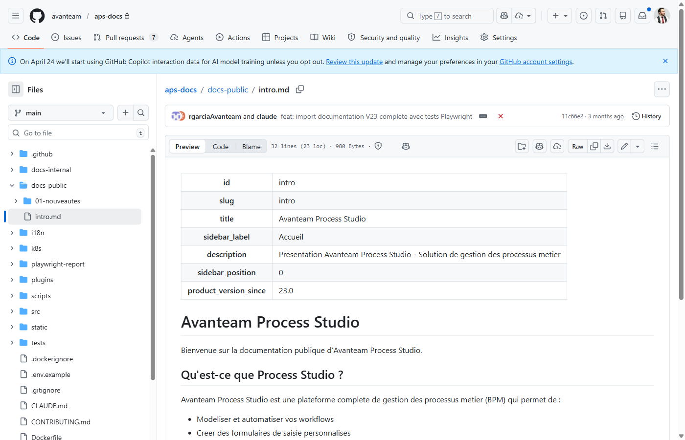 Vue d'un fichier Markdown sur GitHub