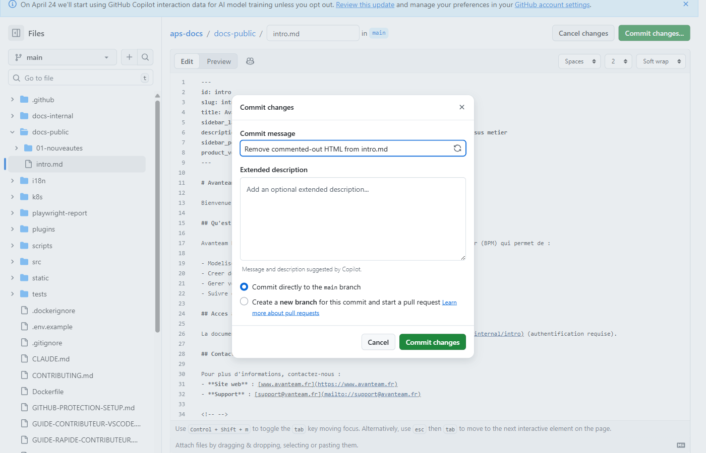 Modal Commit changes avec option nouvelle branche