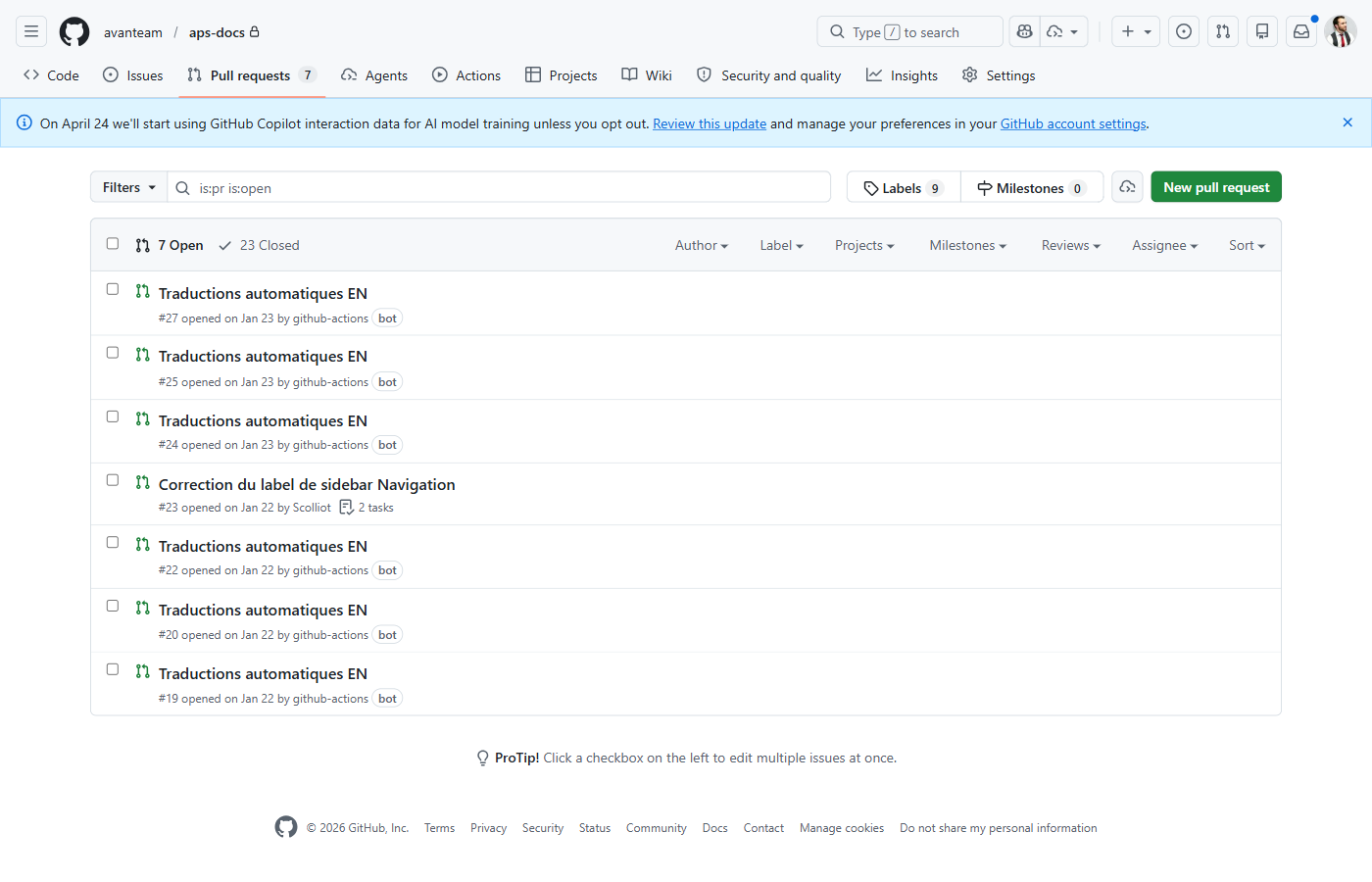 Liste des Pull Requests du dépôt