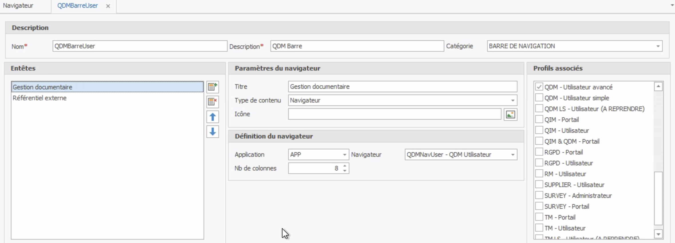 Barre de navigation - QDMBarreUser - Gestion documentaire