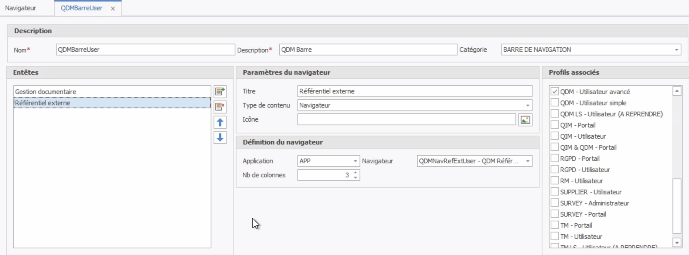 Barre de navigation - QDMBarreUser - Référentiel Externe