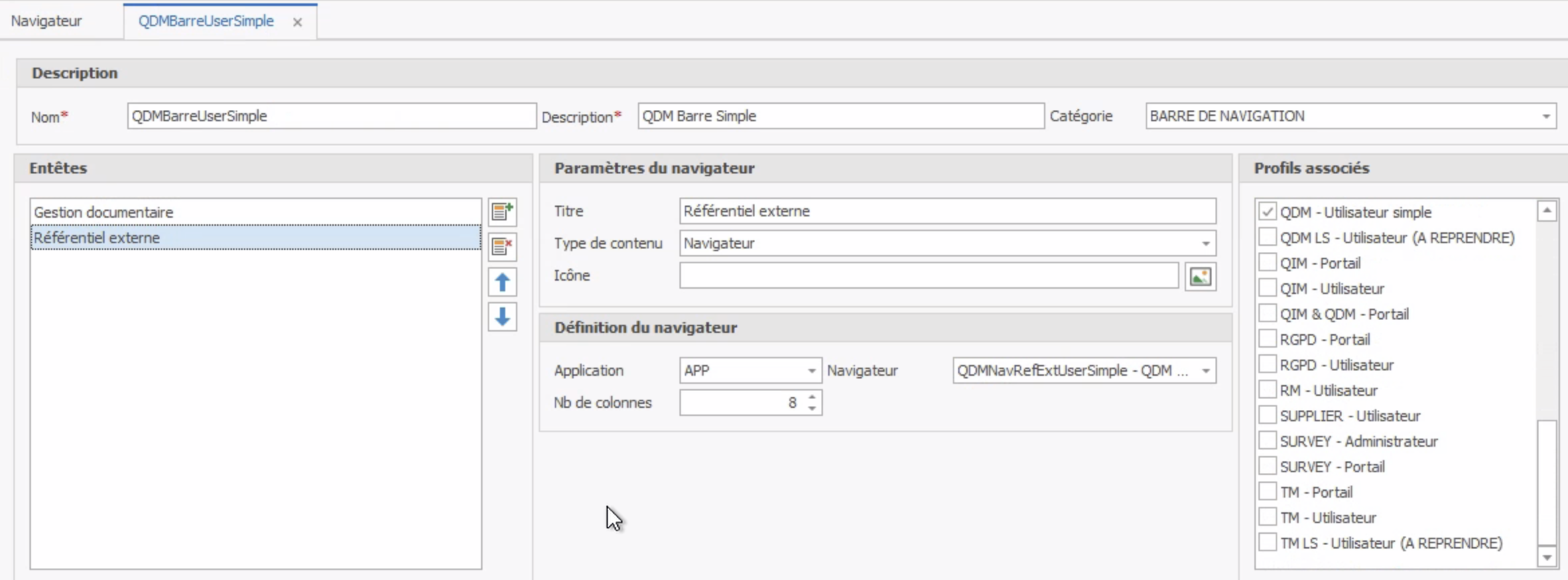 Barre de navigation - QDMBarreUserSimple - Référentiel Externe