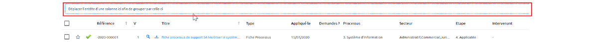 Encadré bleu — glisser l'en-tête d'une colonne pour grouper