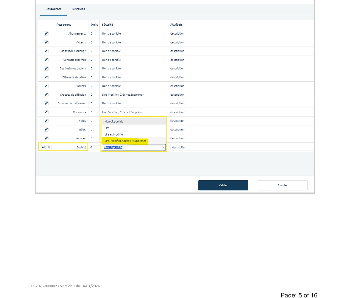 Configuration sécurité — Ressource Société avec dropdown