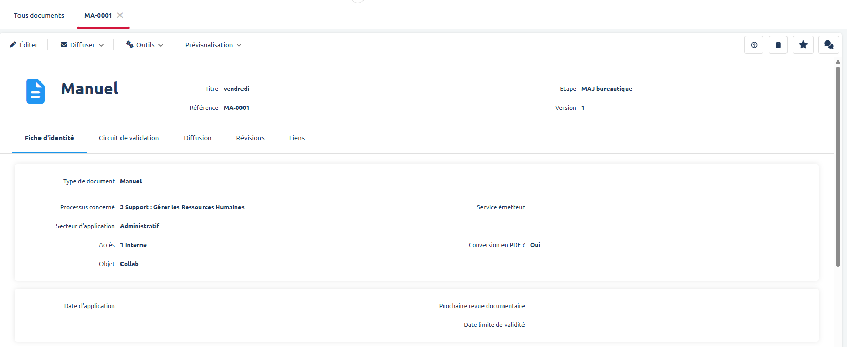 Actions disponibles sur un enregistrement