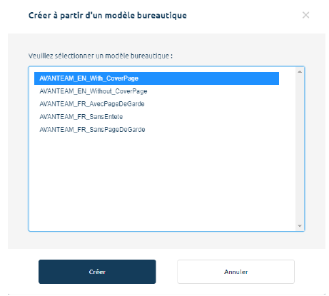 Fenêtre de sélection d'un modèle bureautique