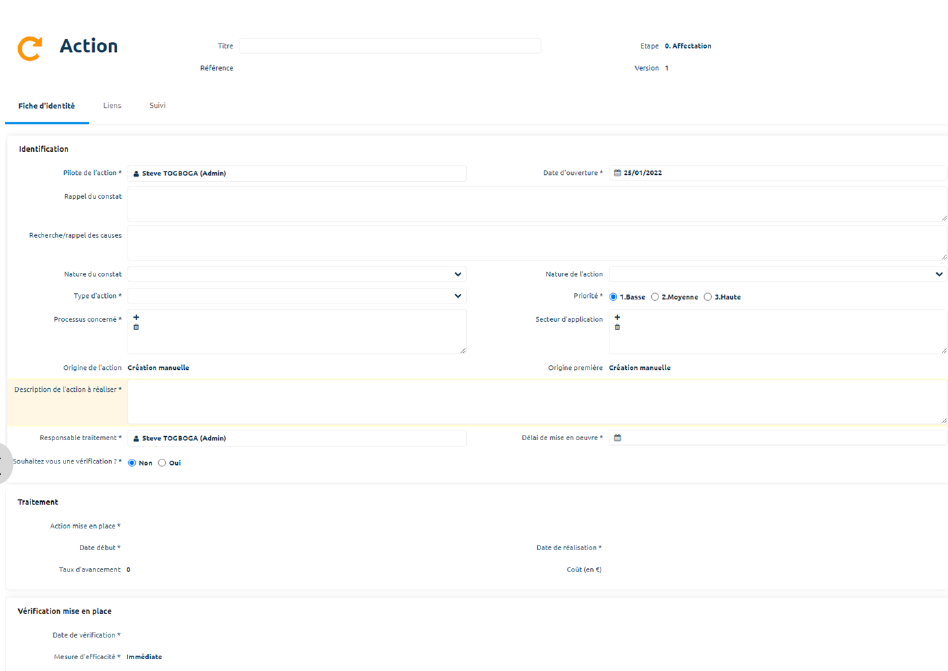 Formulaire Action — onglet Fiche d'identité