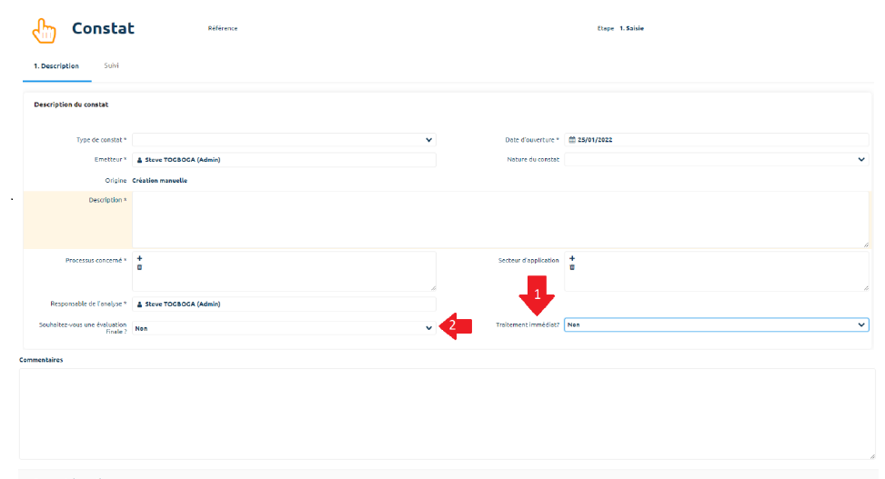 Formulaire Constat — onglet Description