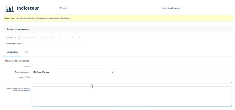 Formulaire Indicateur — Initialisation