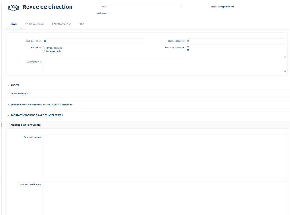 Formulaire Revue de direction — onglet Revue