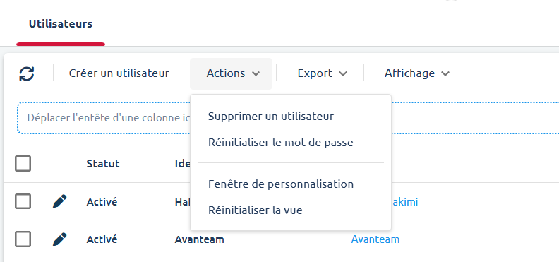 Menu Actions de la liste