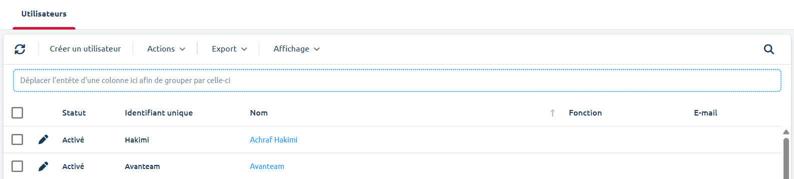 Liste des utilisateurs