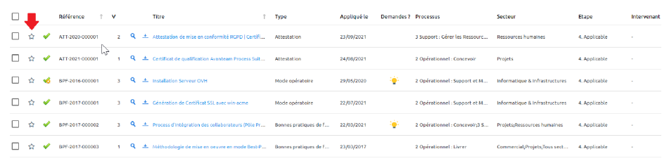 Liste des documents avec colonne favoris
