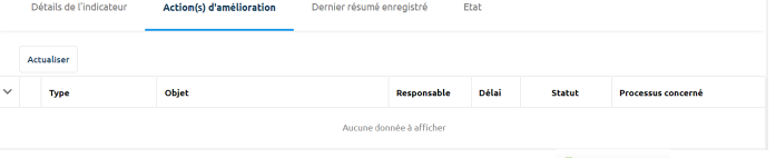 Onglet Actions d'amélioration — Indicateur
