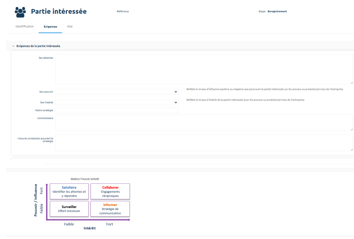 Onglet Exigences et matrice Pouvoir/Intérêt