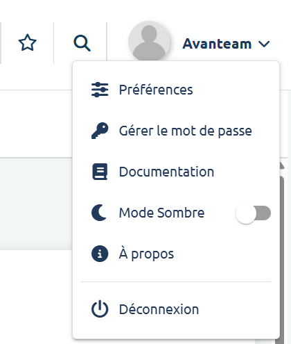 Menu profil utilisateur