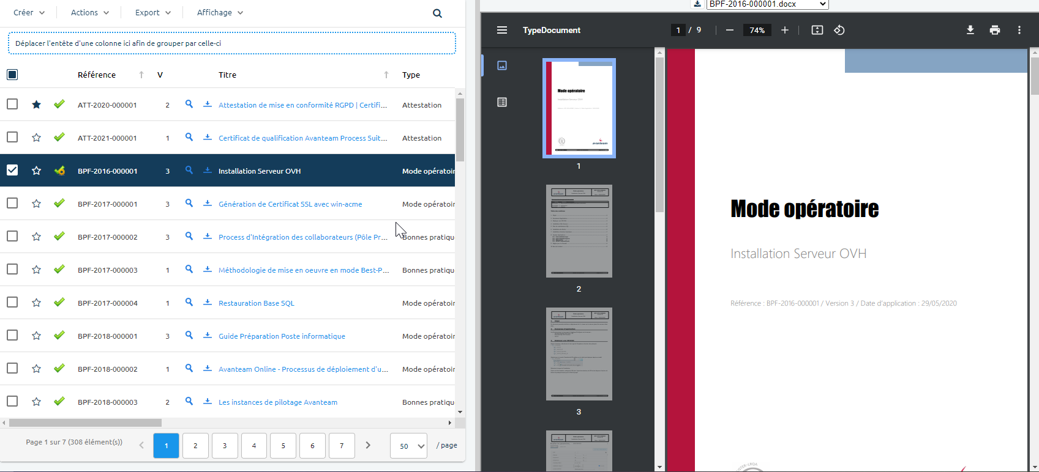 Prévisualisation d'une pièce jointe à droite
