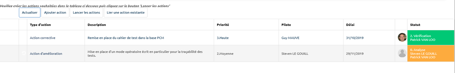 Lancer les actions depuis un constat