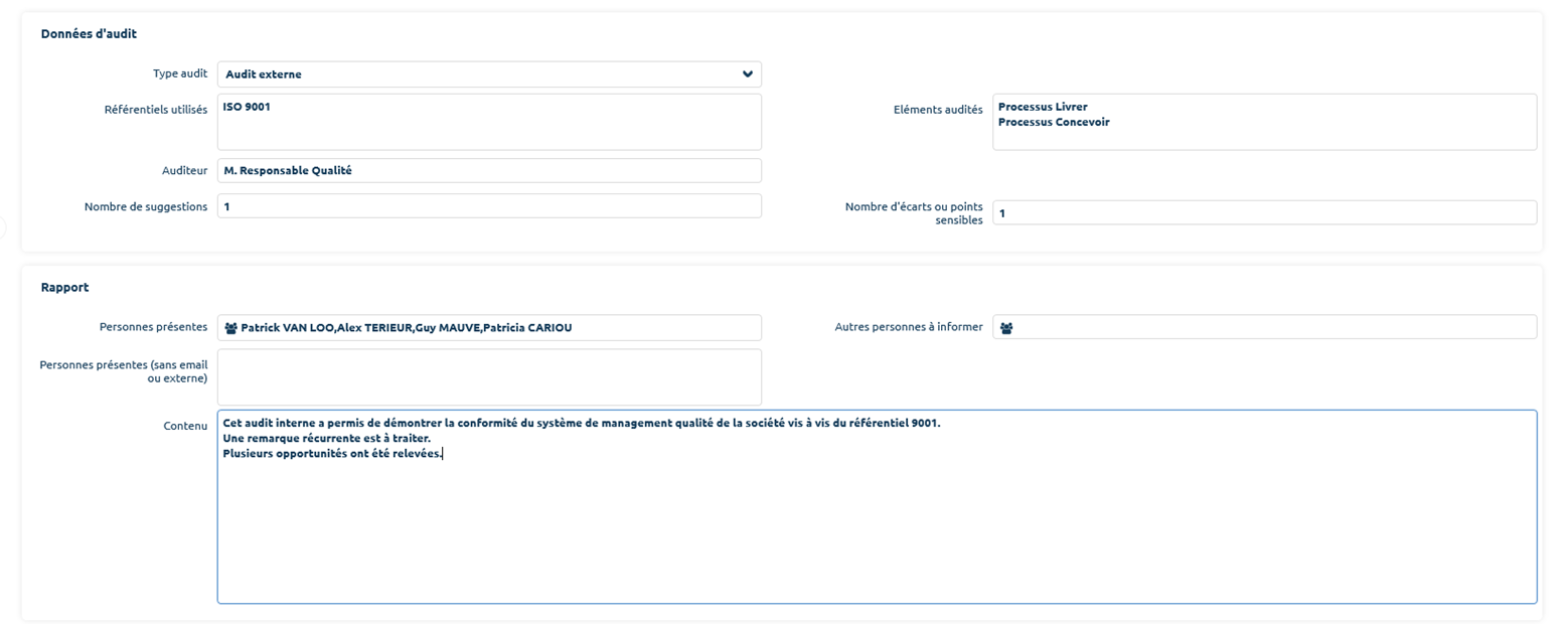 Tableau des retours d'audit