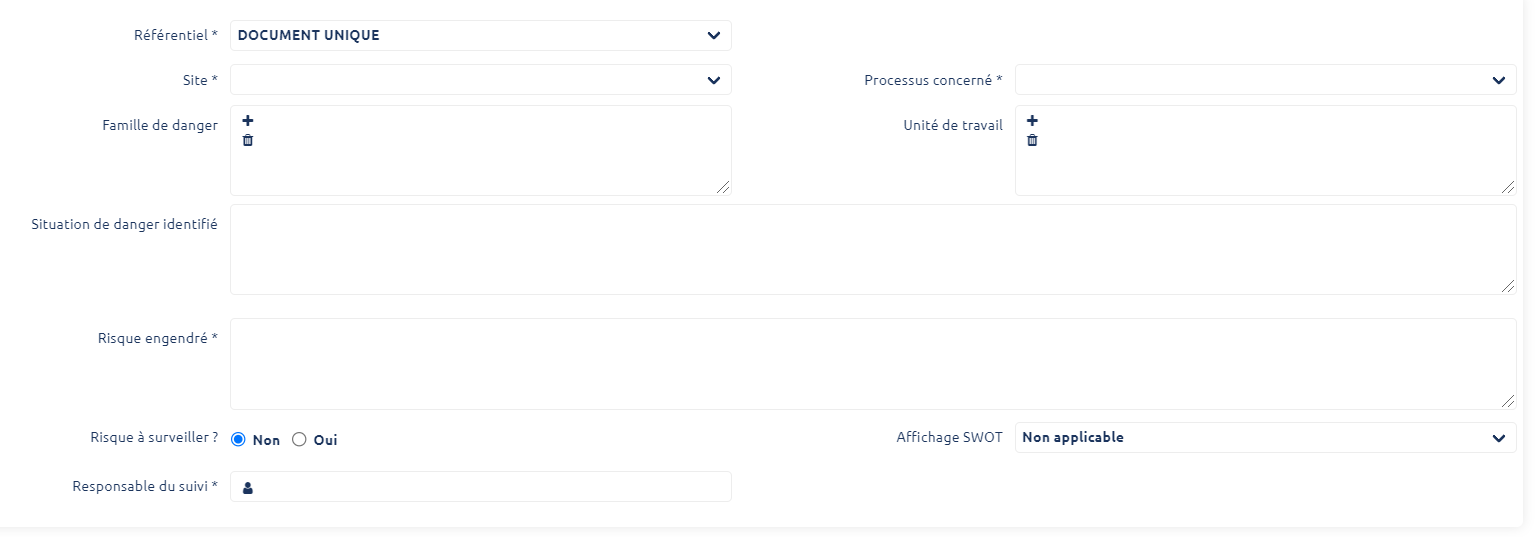 Formulaire de création d'une fiche de risque