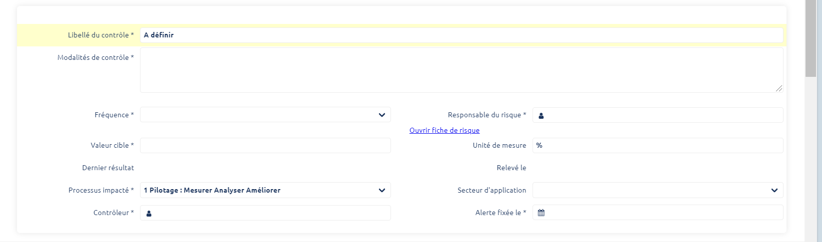 Onglet Plan d'actions d'une fiche de risque