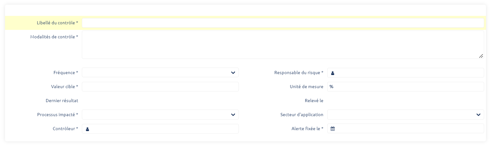 Champs du formulaire Contrôle