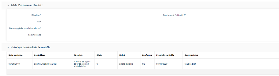 Saisie d'un résultat de contrôle et historique